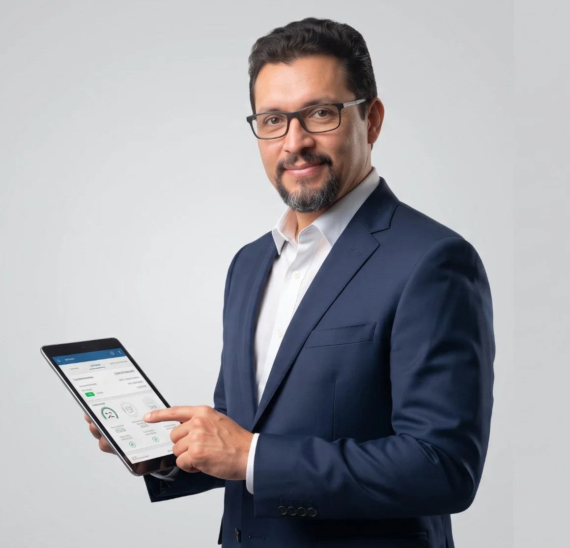 Ing. Carlos Guerra con una tablet que muestra el tablero de AutoGestión Pro